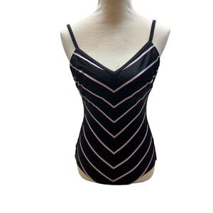 Vintage 1980’s Robby Len Brand Black Chevron Print‎ One Piece Swim Suit Size 14